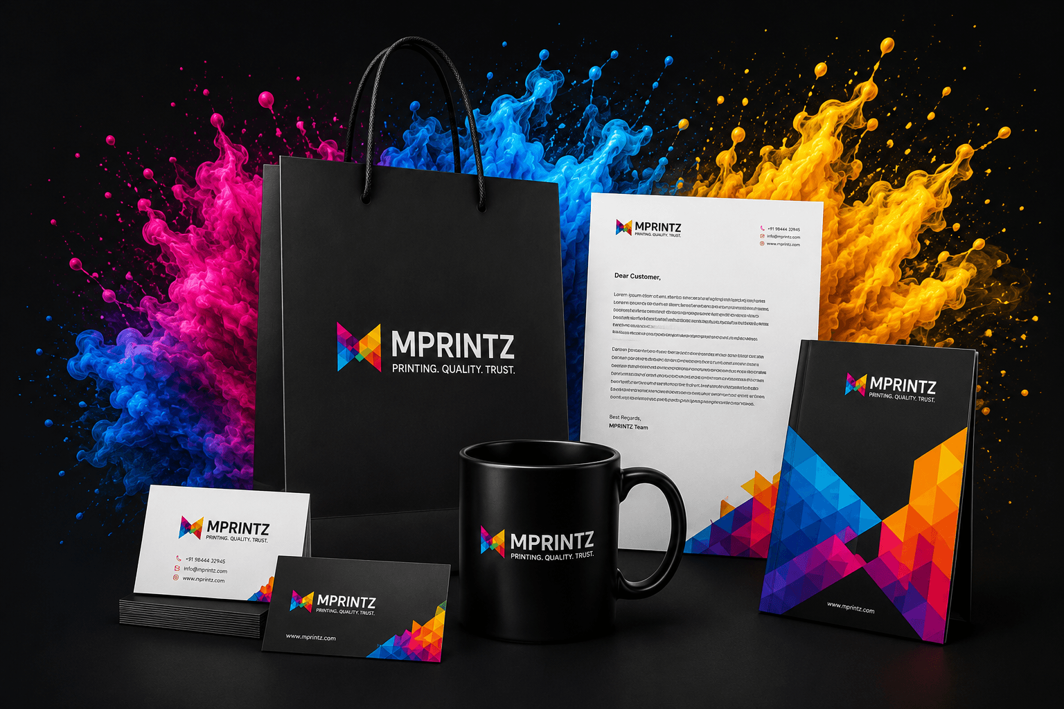 MPRINTZ branded printing products including business cards, mug, shopping bag, letterhead and roll-up banner