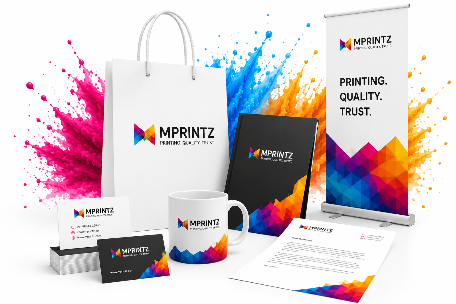 MPRINTZ branded printing products including business cards, mug, shopping bag, letterhead and roll-up banner